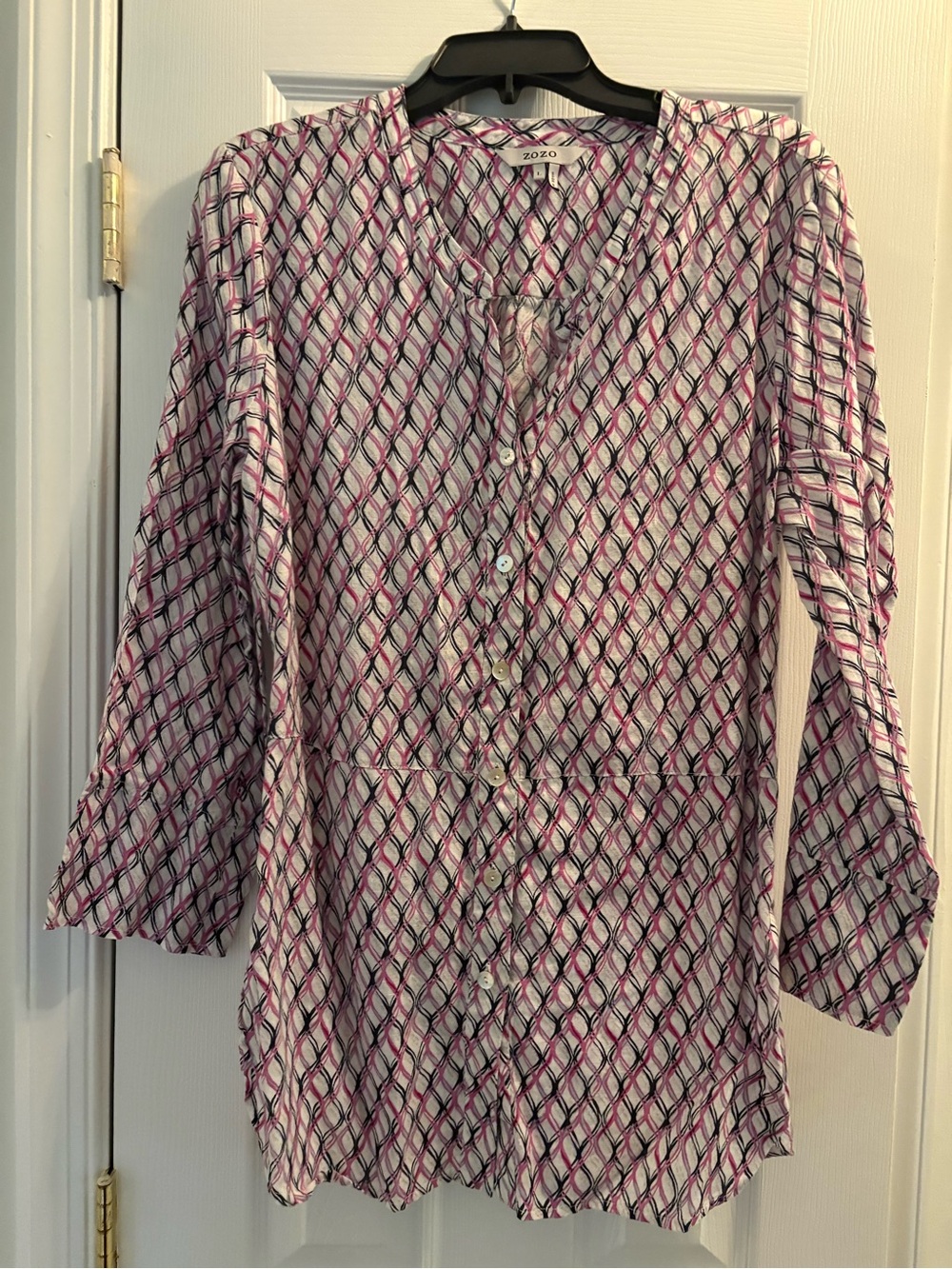 Zozo White, Black, Pink Button-Front Women’s Long Blouse
